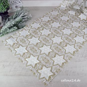 Tischläufer Tischdecke Plauener Spitze Weihnachten Weiß Gold  Landhaus Bestickt